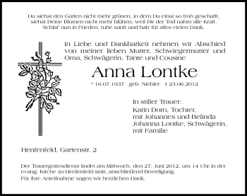 Traueranzeige von Anna Lontke von Hersbrucker Zeitung